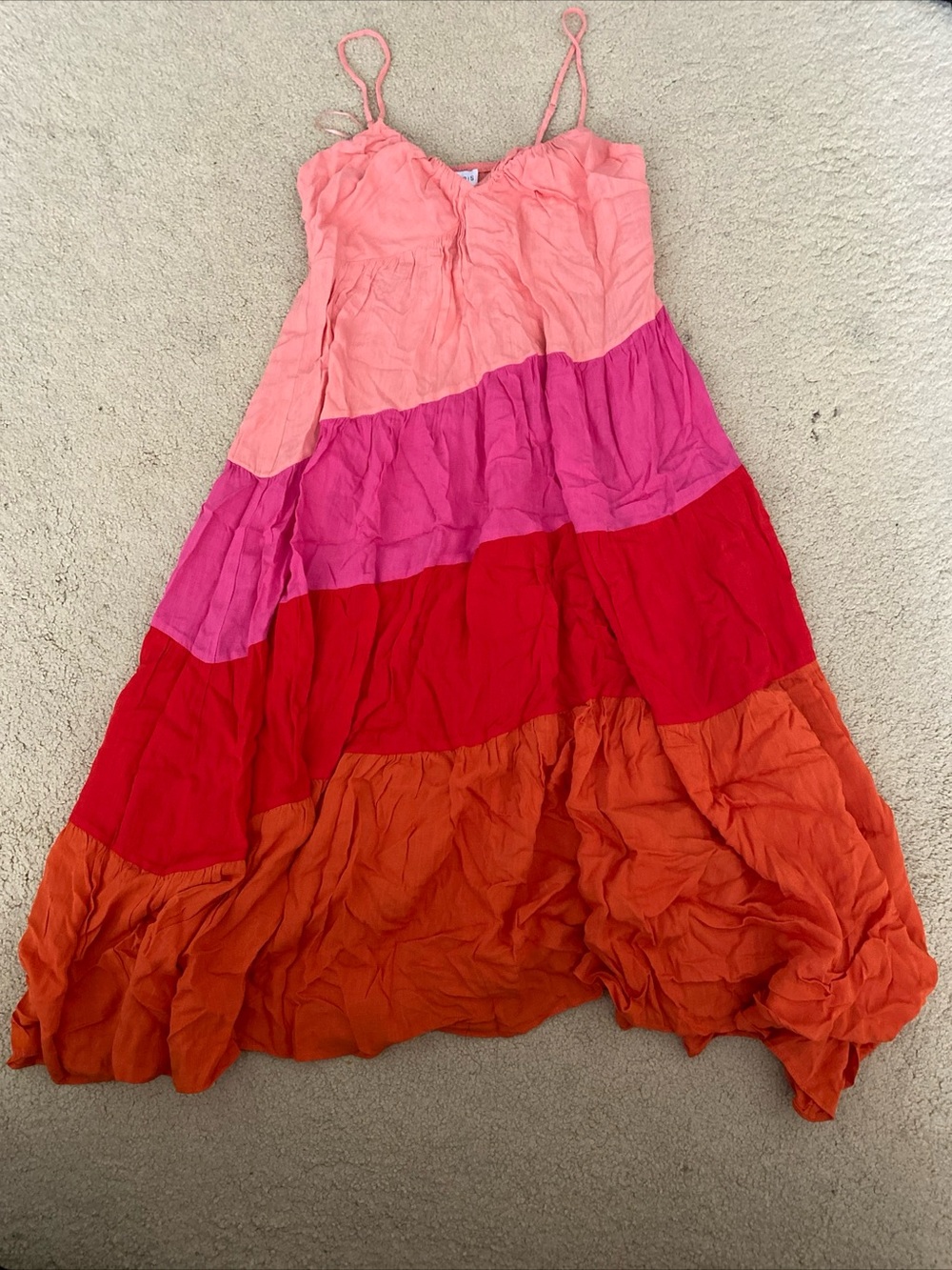 Lucy Paris Coral and Pink Tiered Spaghetti-Strap Maxi Dress
